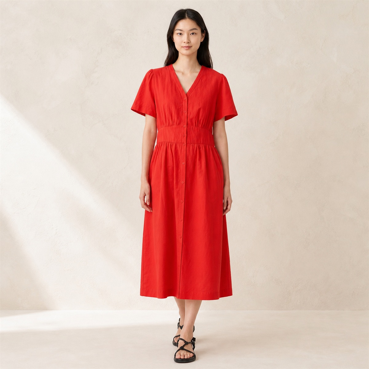 Robe midi en lin mélangé rouge - vue de face