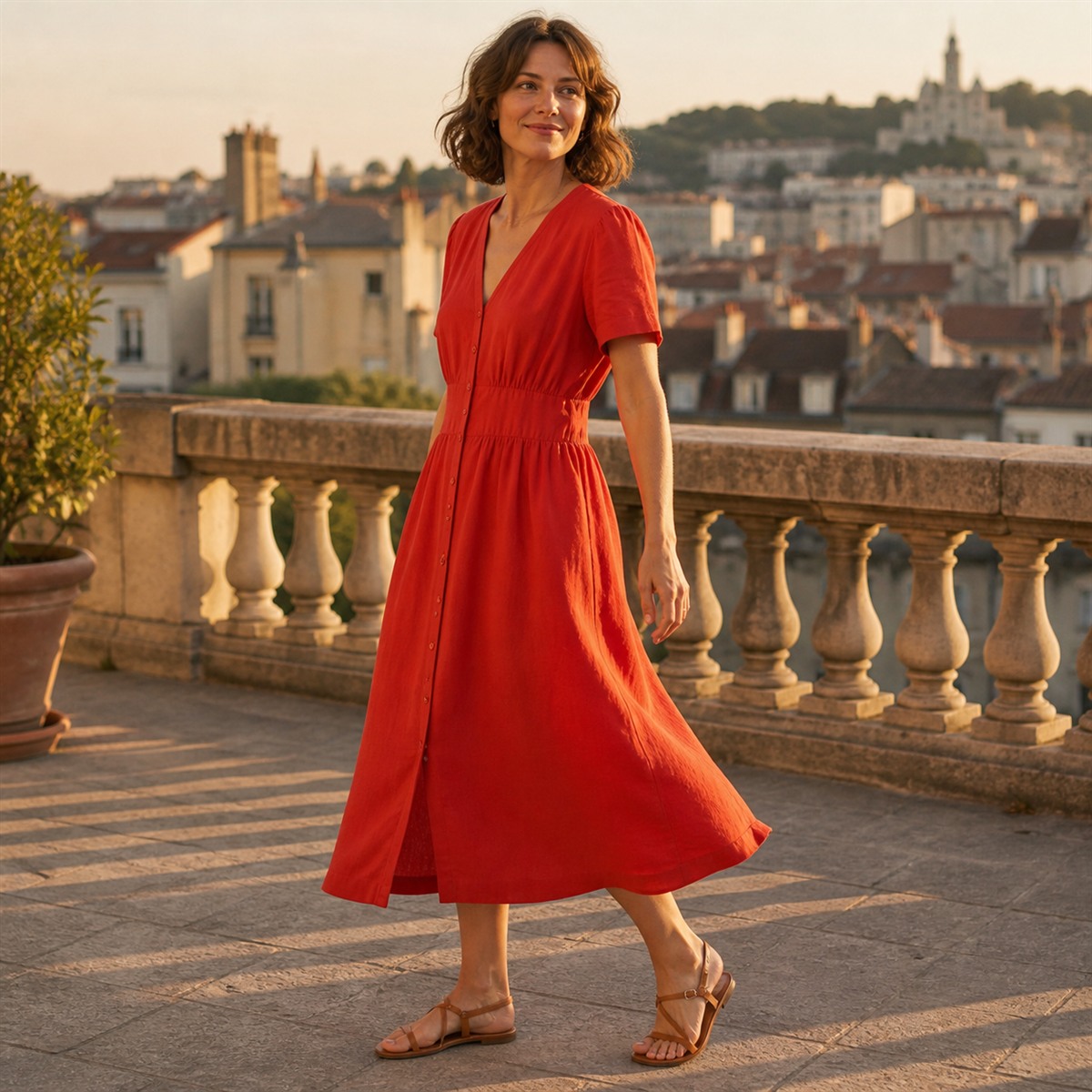 Robe midi rouge portée sur une terrasse urbaine