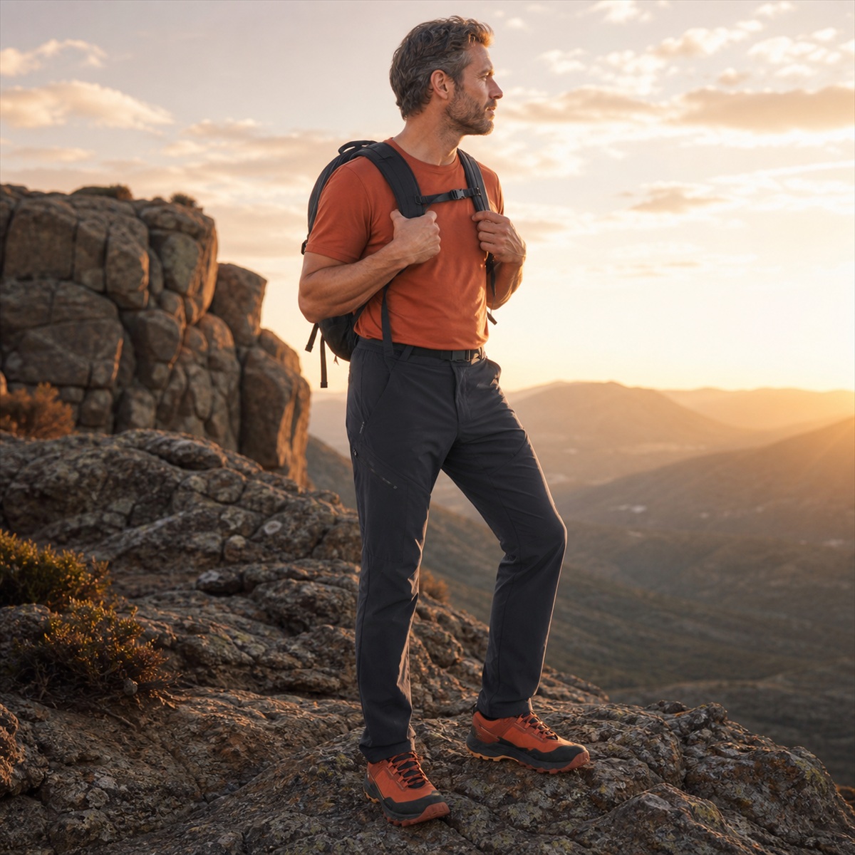 Pantalon MH500 porté sur un belvédère rocheux