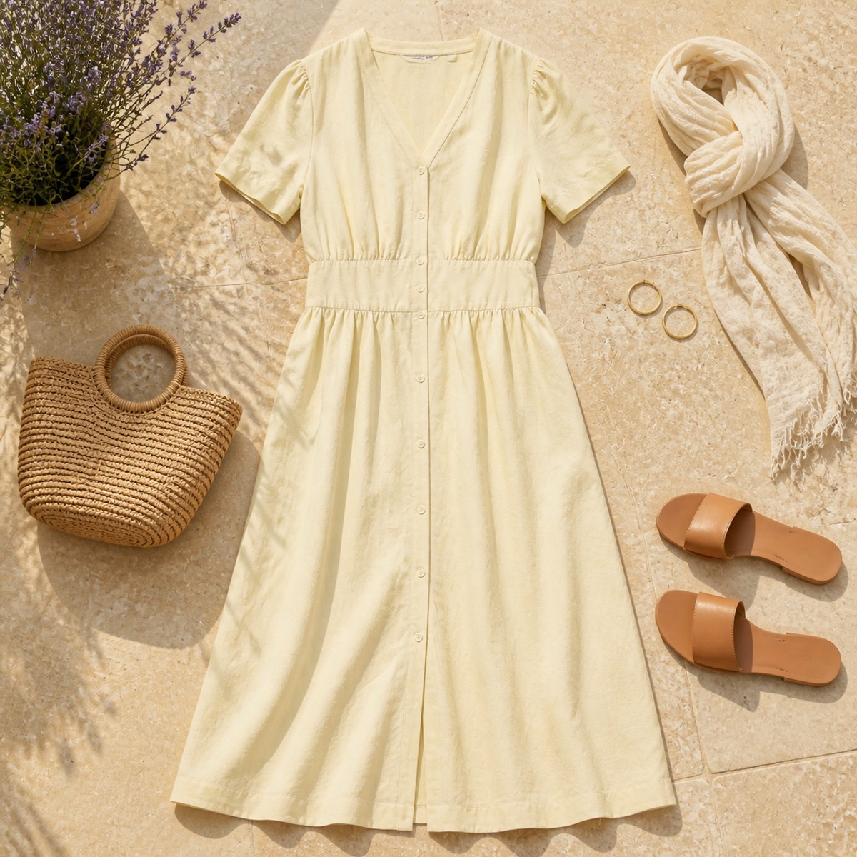 Tenue estivale coordonnée autour de la robe beige