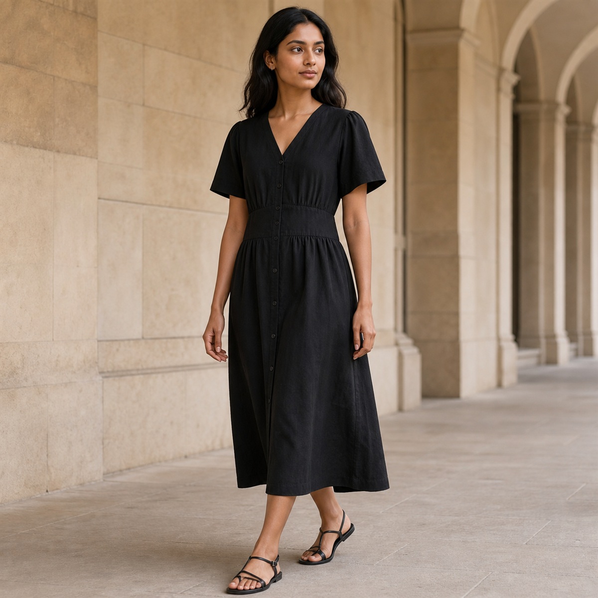 Robe midi fluide portée de trois quarts