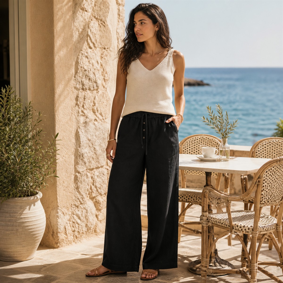 Pantalon wide leg noir porté dans un café en bord de mer
