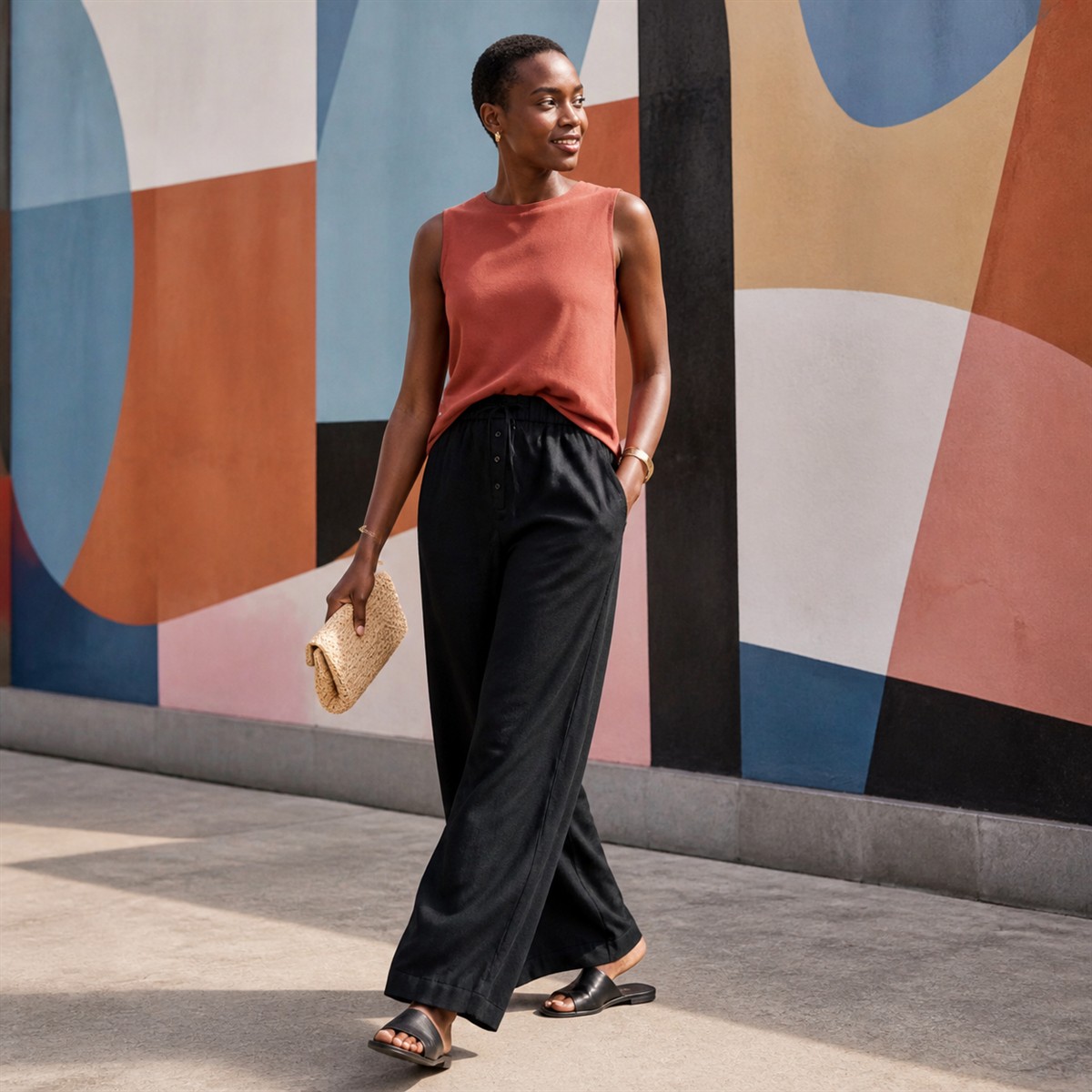 Pantalon wide leg noir porté dans un quartier artistique