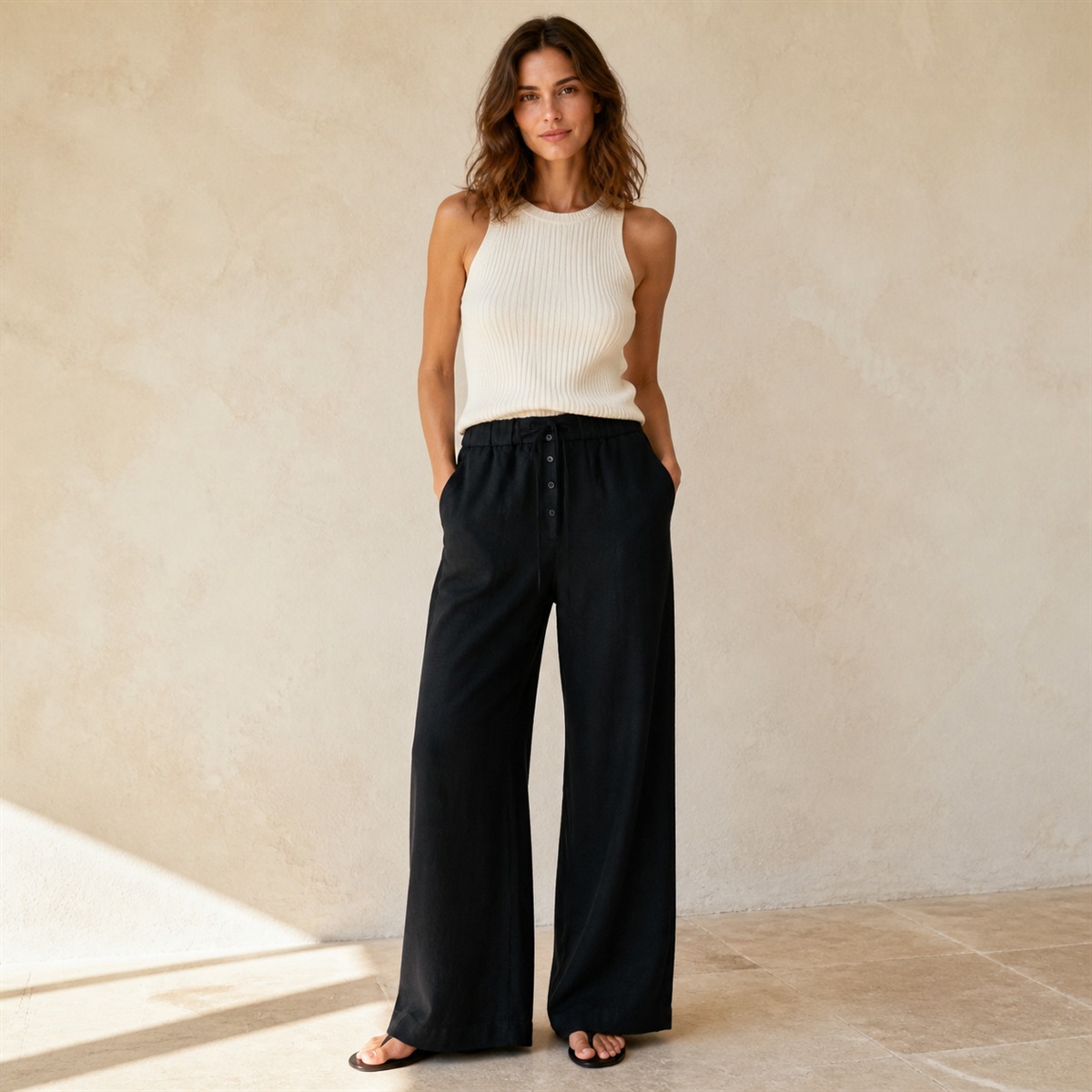 Pantalon en lin noir porté de face