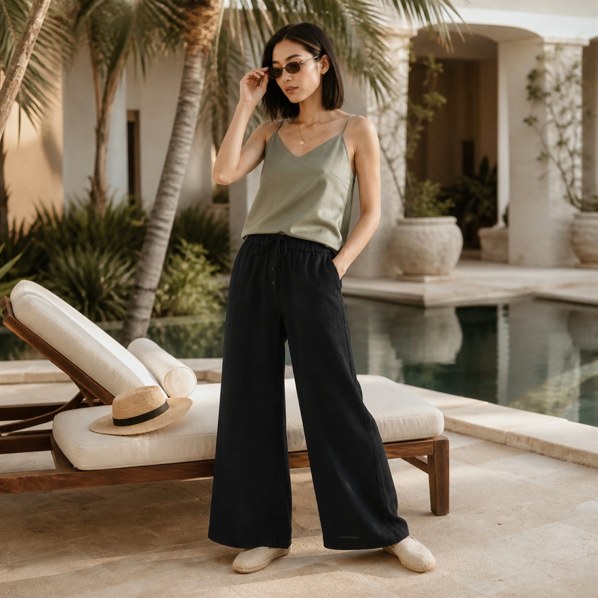Pantalon wide leg noir porté sur une terrasse d'hôtel