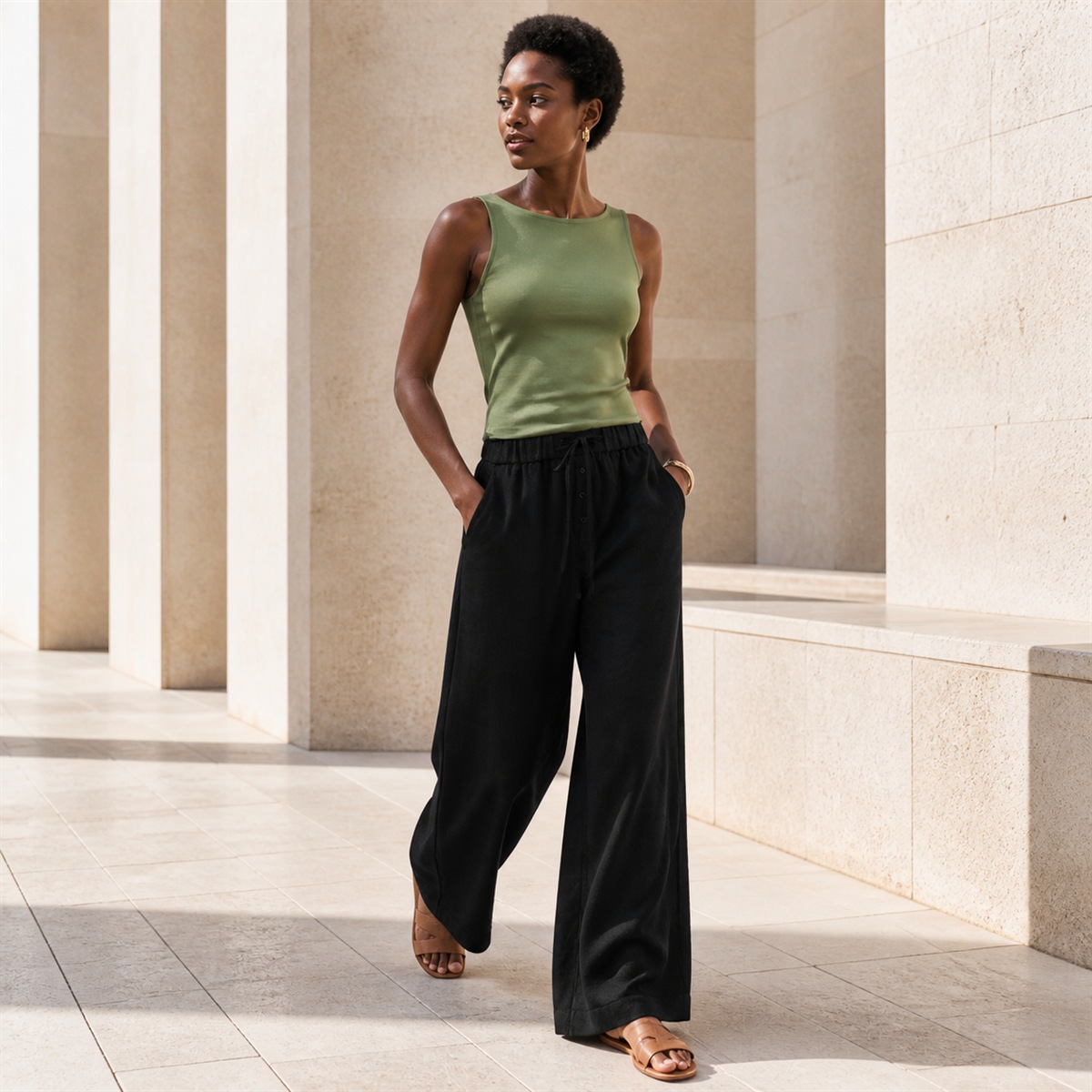 Pantalon en lin noir porté en mouvement