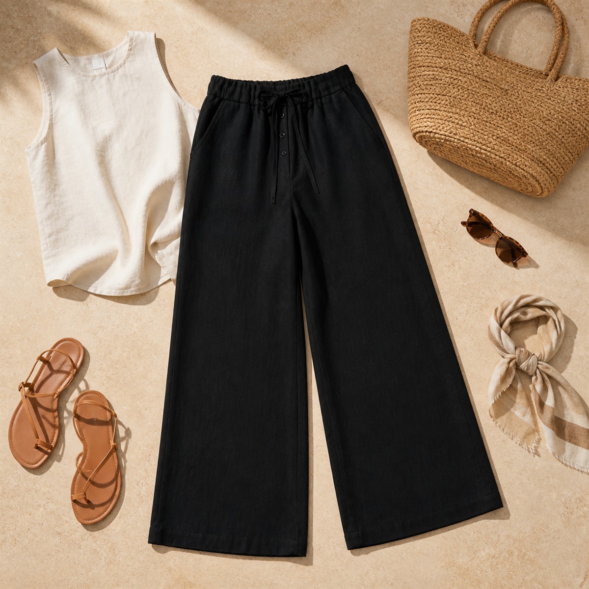 Tenue estivale coordonnée autour du pantalon en lin noir