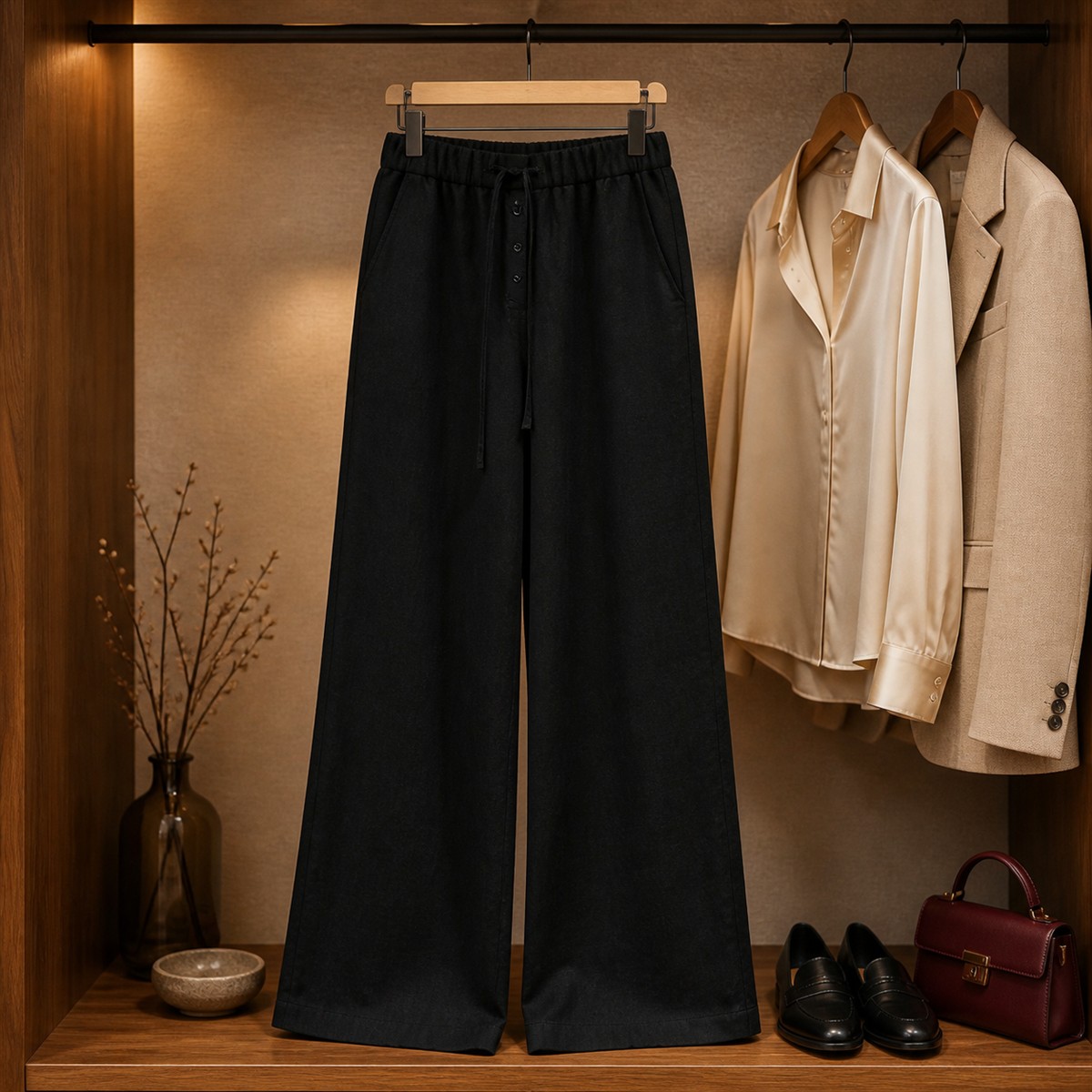 Tenue urbaine coordonnée autour du pantalon wide leg noir