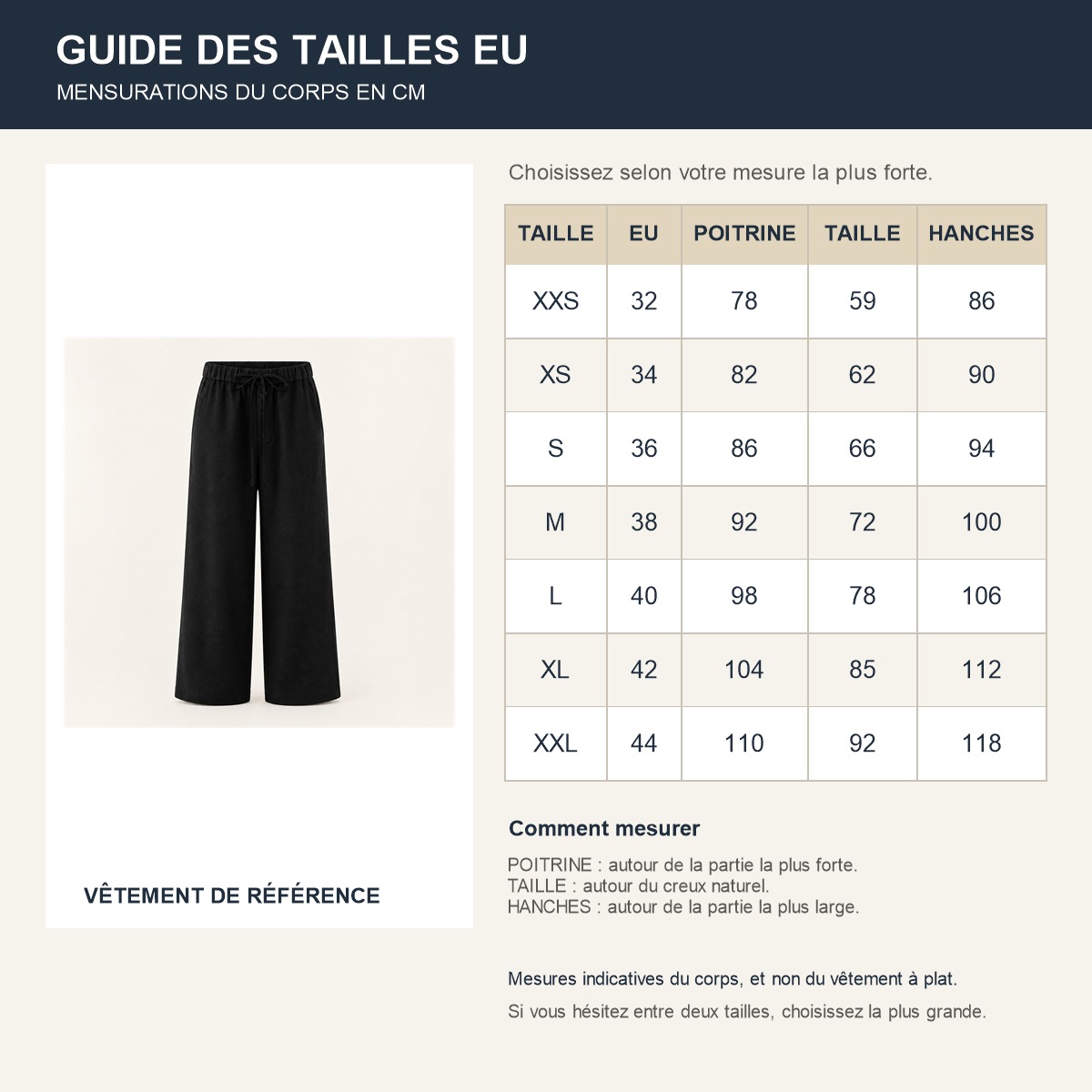 Guide français des repères de tailles européennes du pantalon