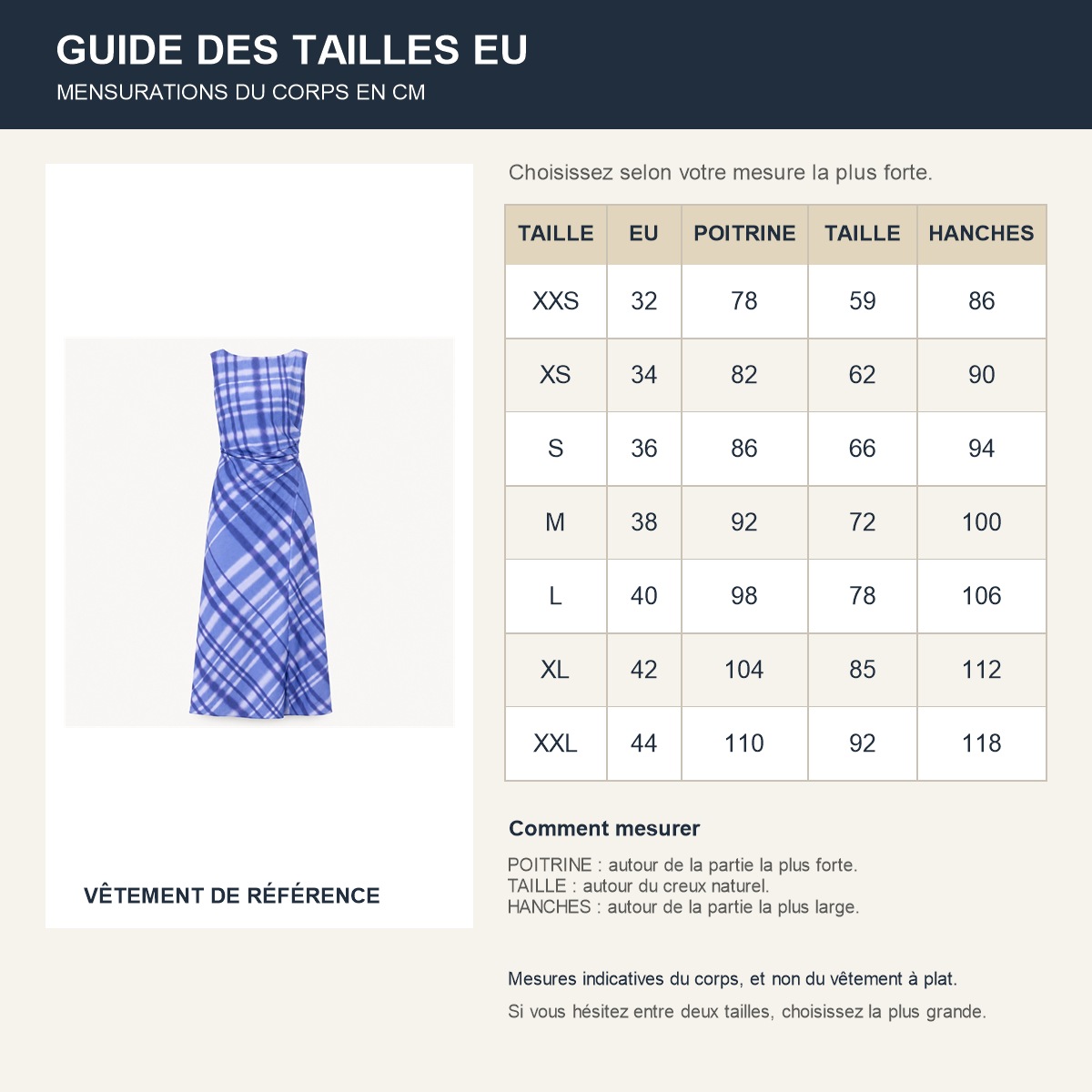 Guide français des repères de tailles européennes de la robe