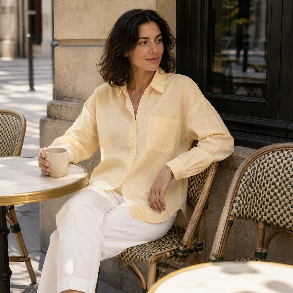 Chemise jaune pastel portée dans un café lumineux