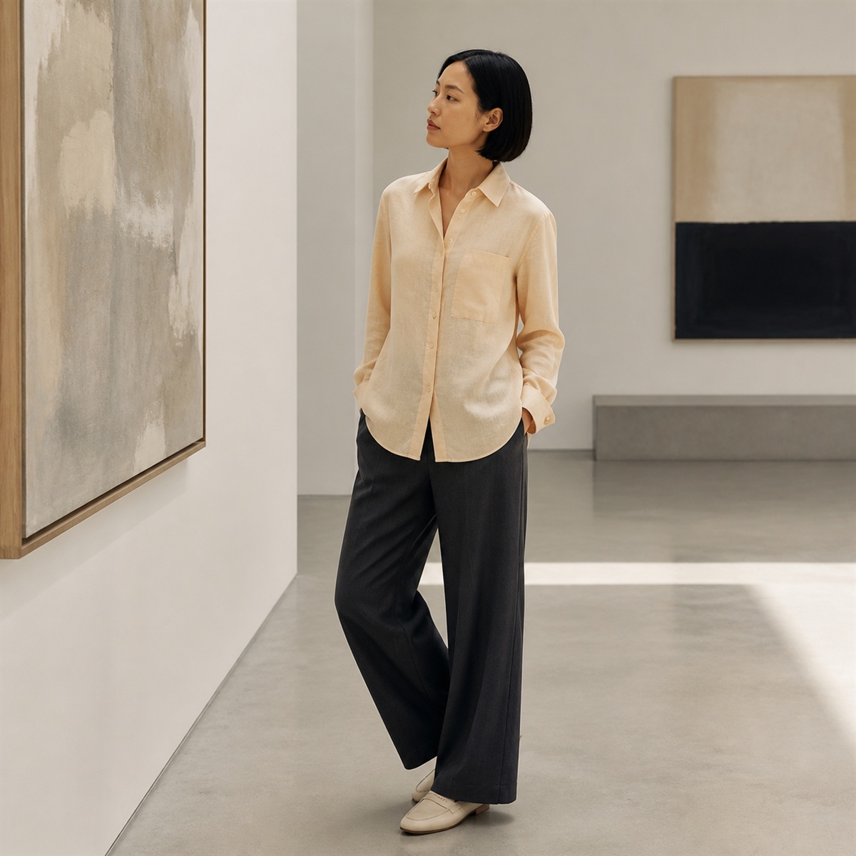 Chemise jaune pastel portée dans une galerie contemporaine