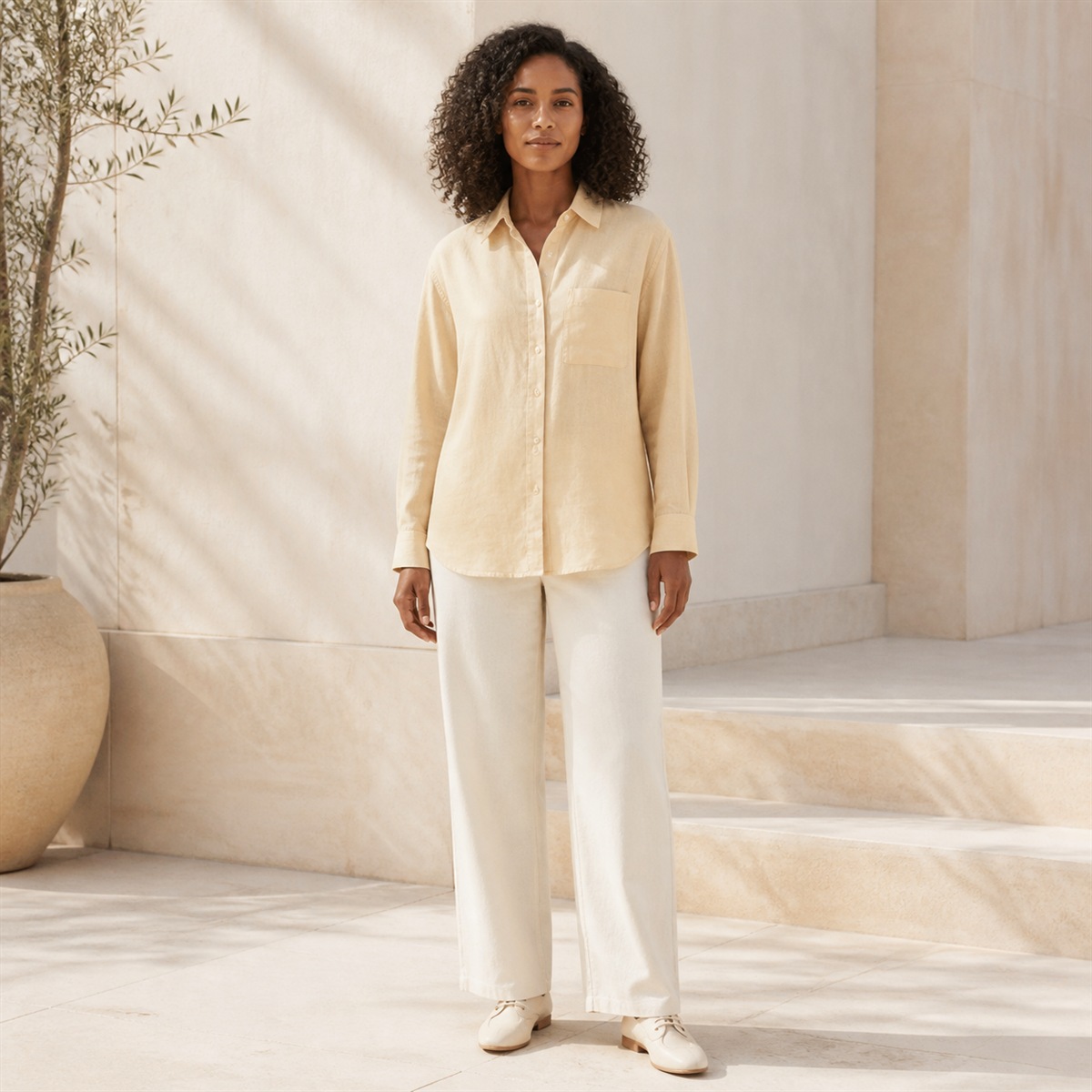 Chemise en lin jaune pastel portée de face
