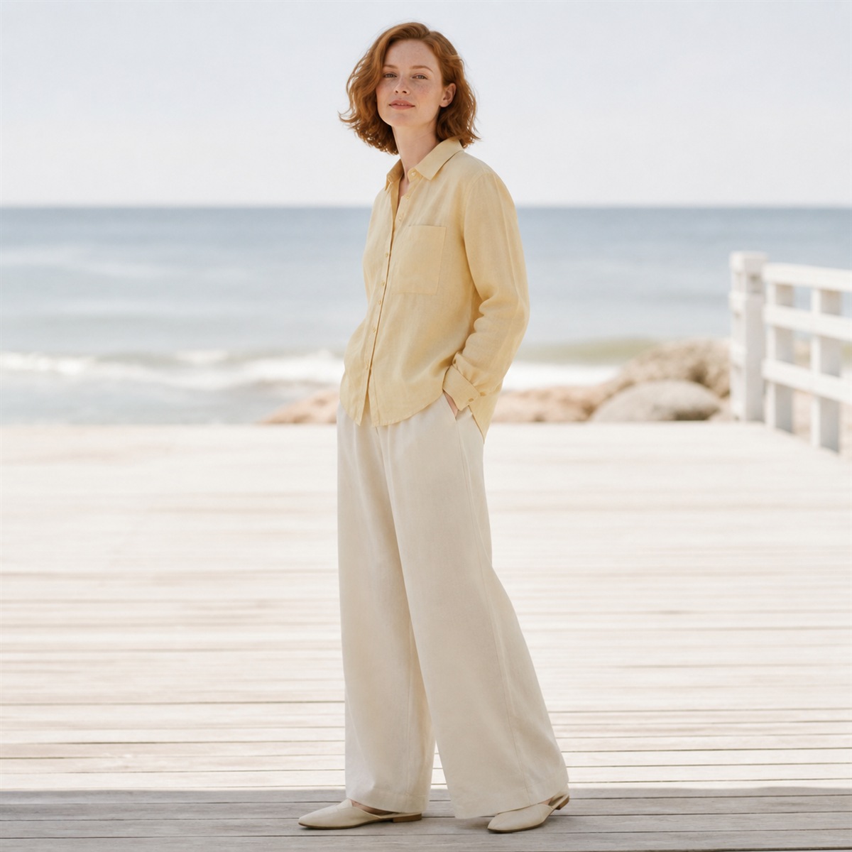 Chemise en lin jaune pastel portée de dos