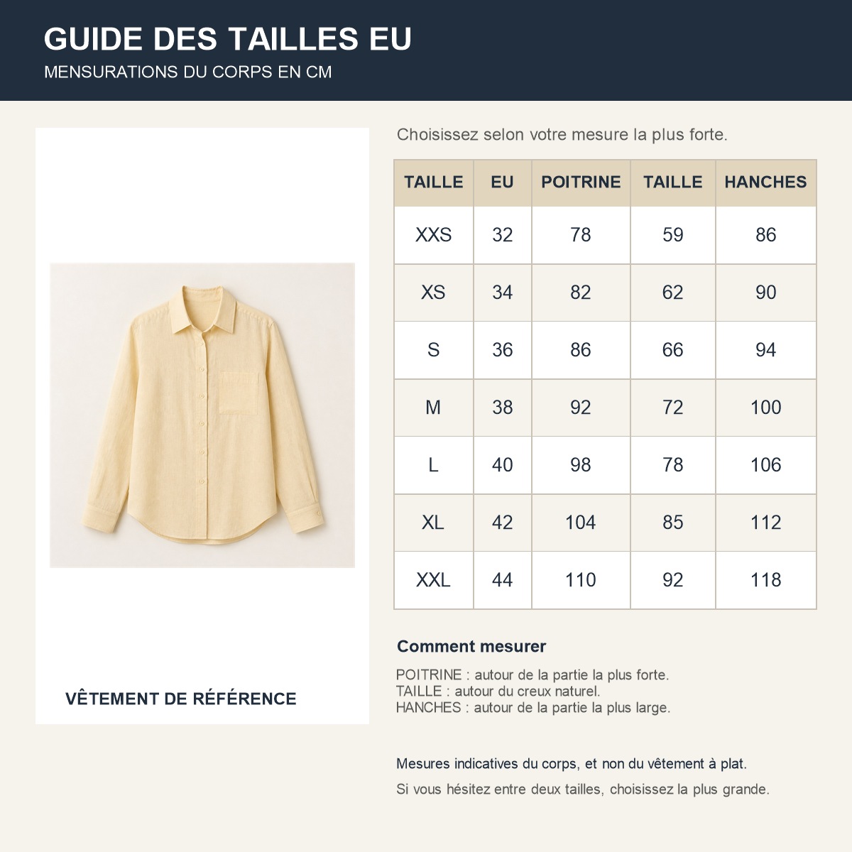 Guide français des repères de tailles européennes de la chemise