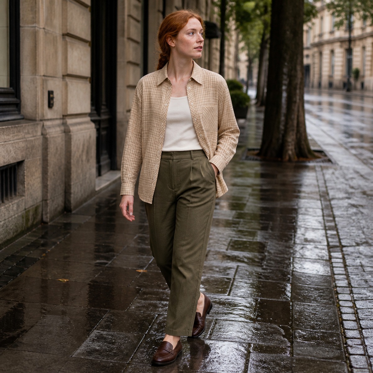 Chemise à carreaux portée pendant une promenade urbaine