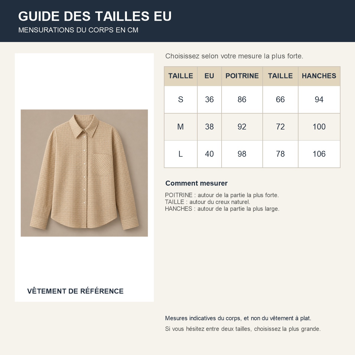 Guide français des repères de tailles européennes de la chemise