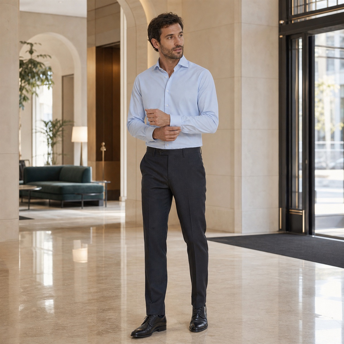 Chemise slim fit portée dans un hall d'hôtel contemporain
