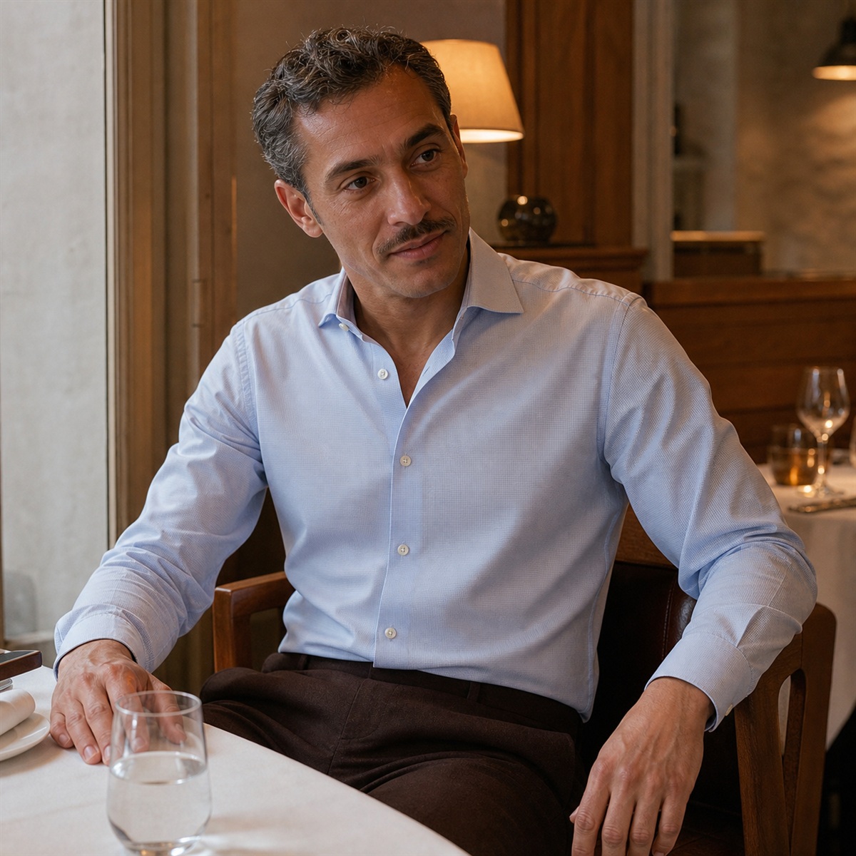 Chemise bleu ciel portée lors d'un dîner élégant