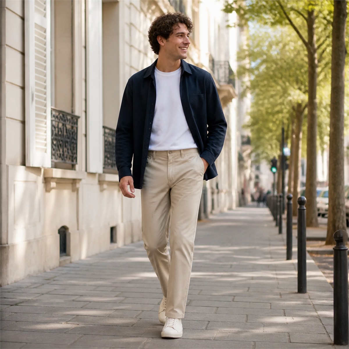 Pantalon beige porté dans une rue urbaine lumineuse