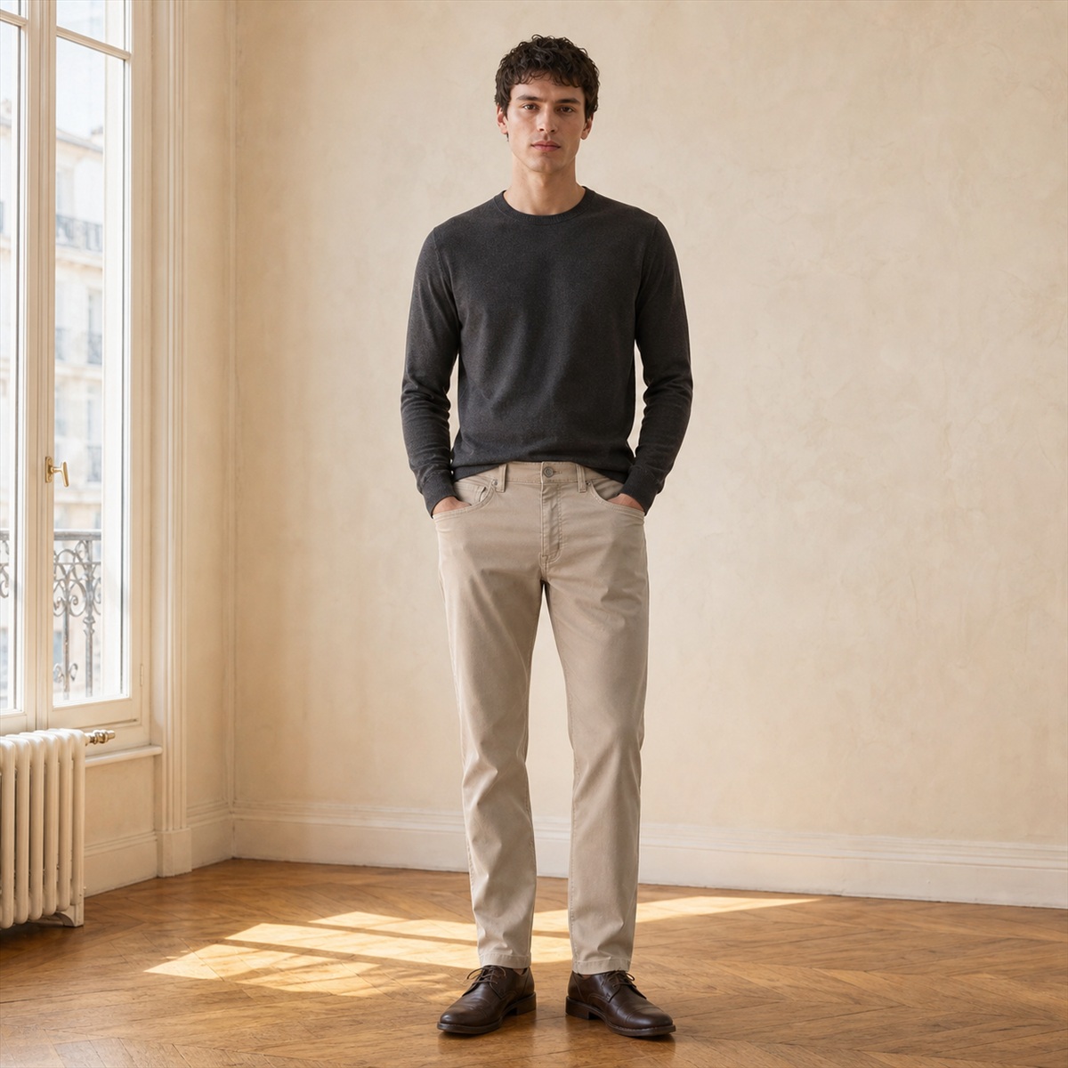 Pantalon beige porté de face