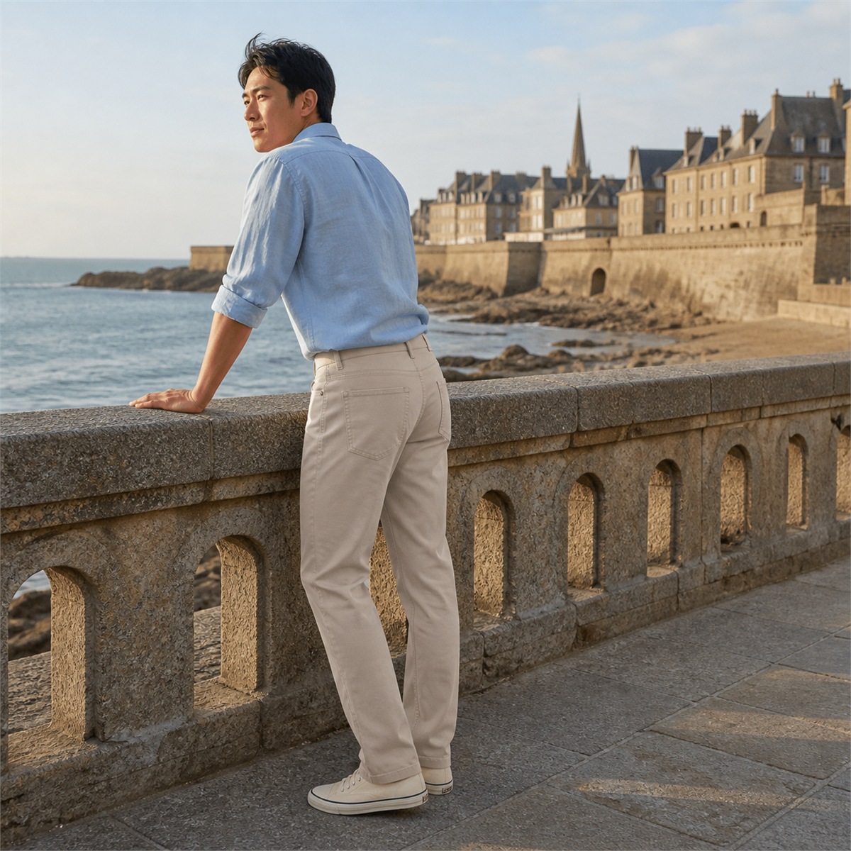 Pantalon beige porté lors d'une promenade en bord de mer