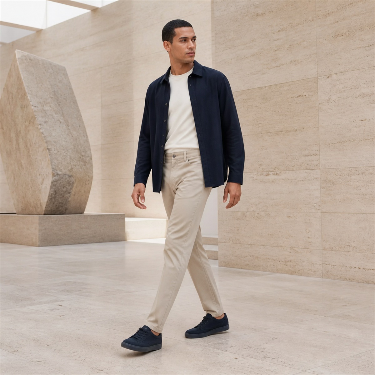 Pantalon beige porté en mouvement
