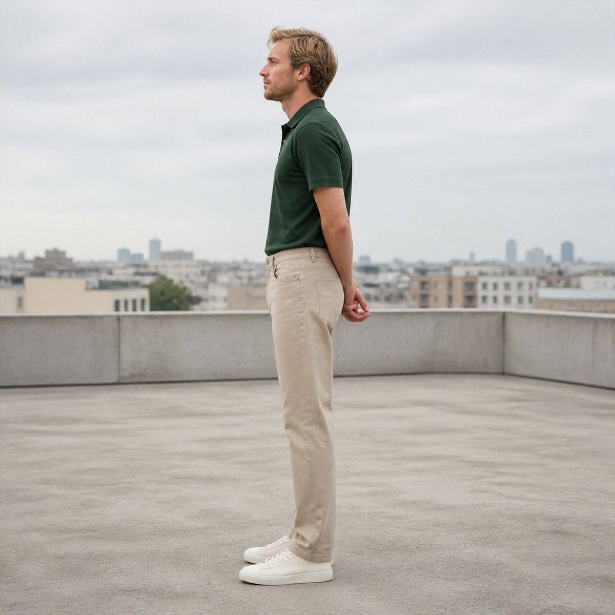 Pantalon regular fit porté de profil