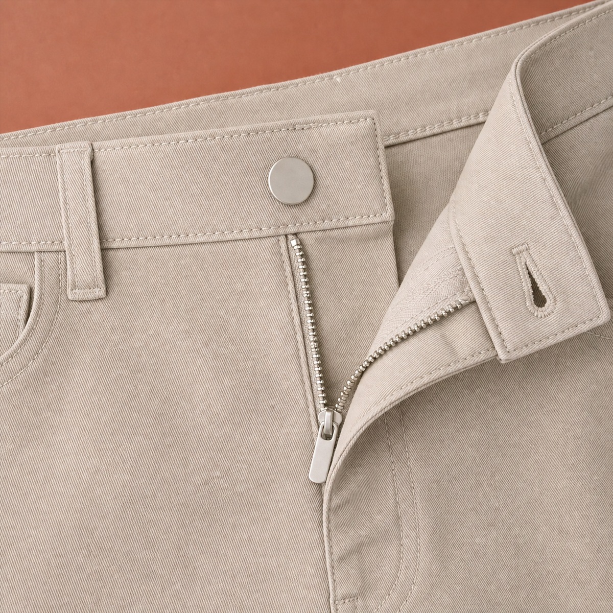 Détail de la fermeture zippée et boutonnée sans marque