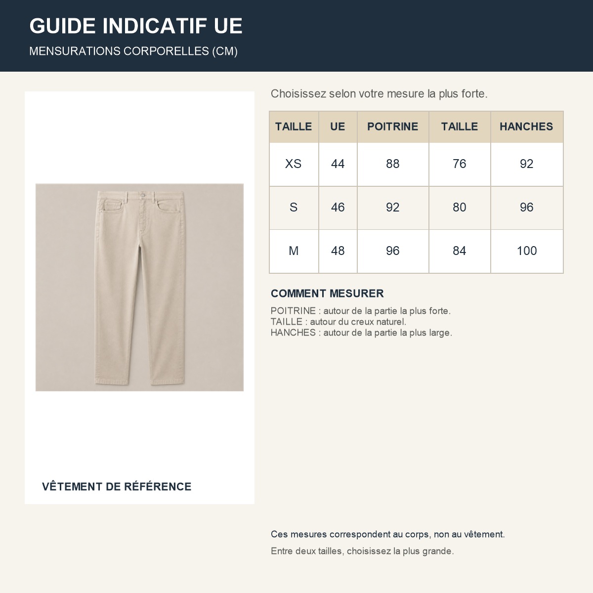 Guide français des tailles européennes du pantalon homme