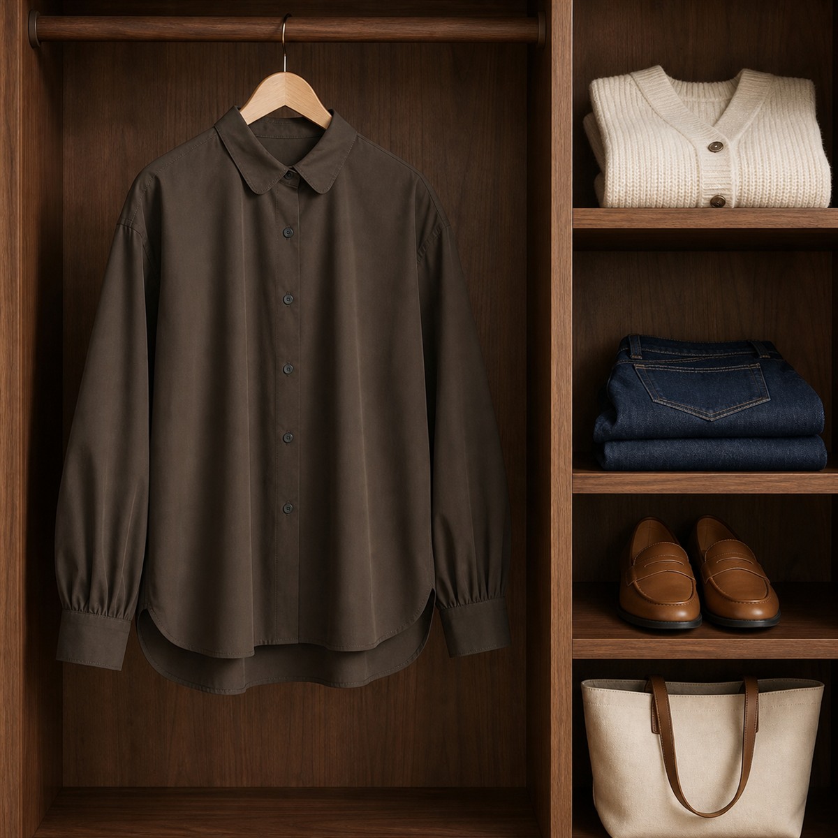 Tenue décontractée coordonnée autour de la chemise marron