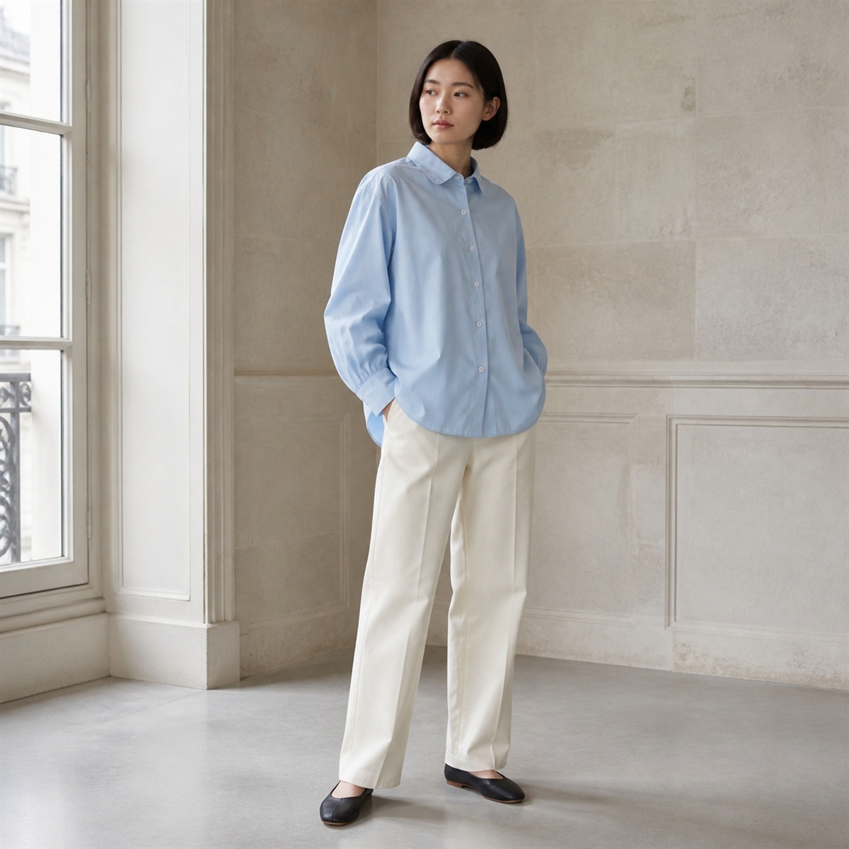 Chemise bleu clair portée de trois quarts