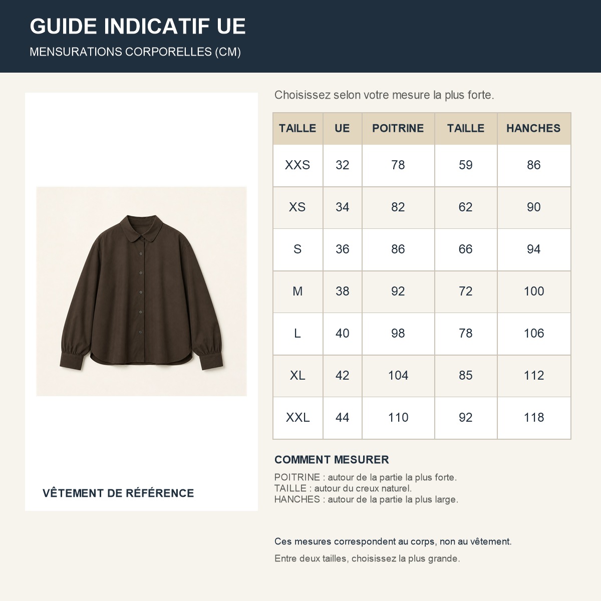 Guide français des tailles européennes de la chemise femme