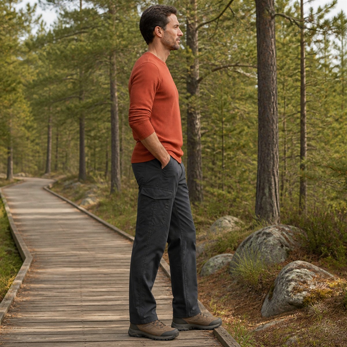 Pantalon regular porté de profil en extérieur