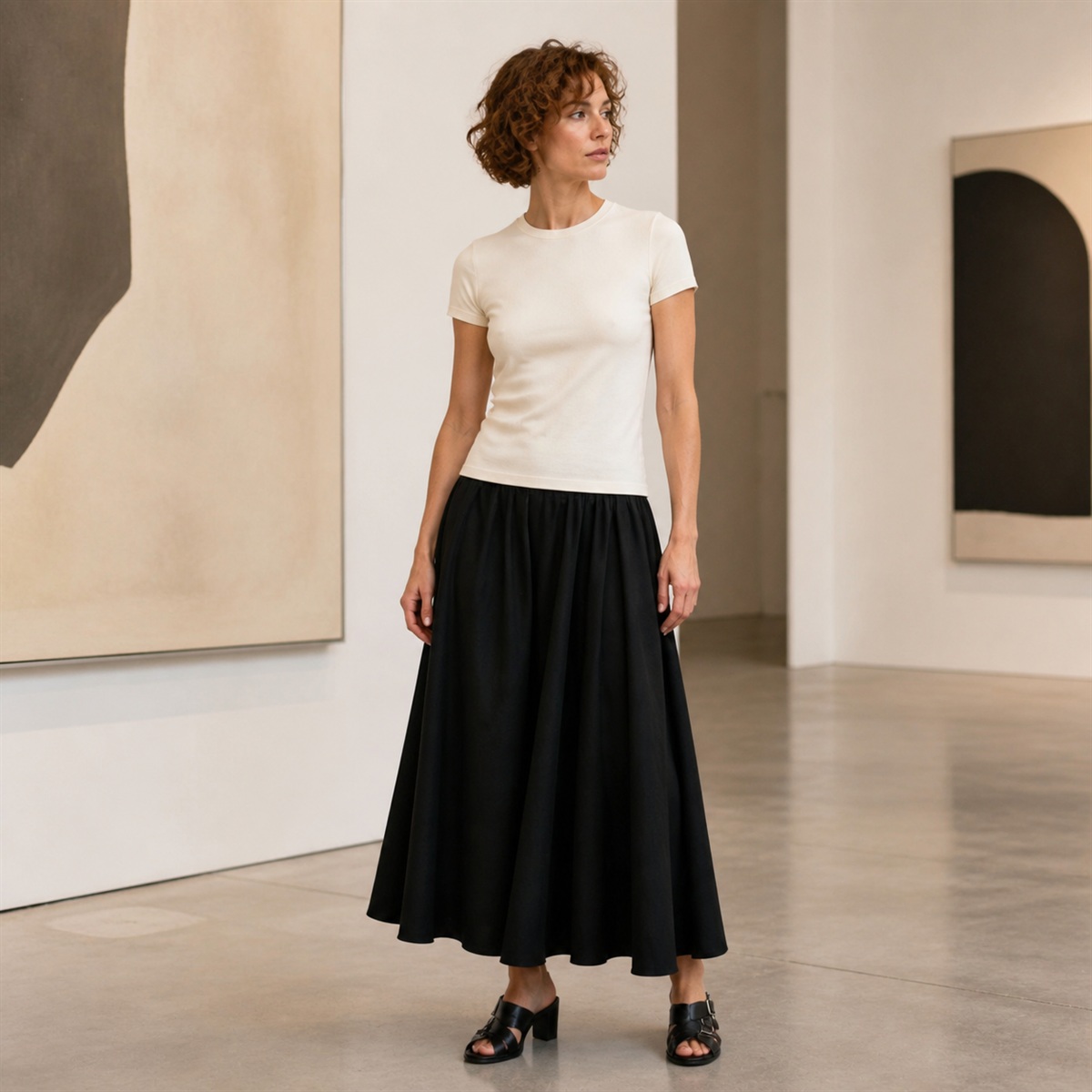 Jupe noire portée dans une galerie lumineuse