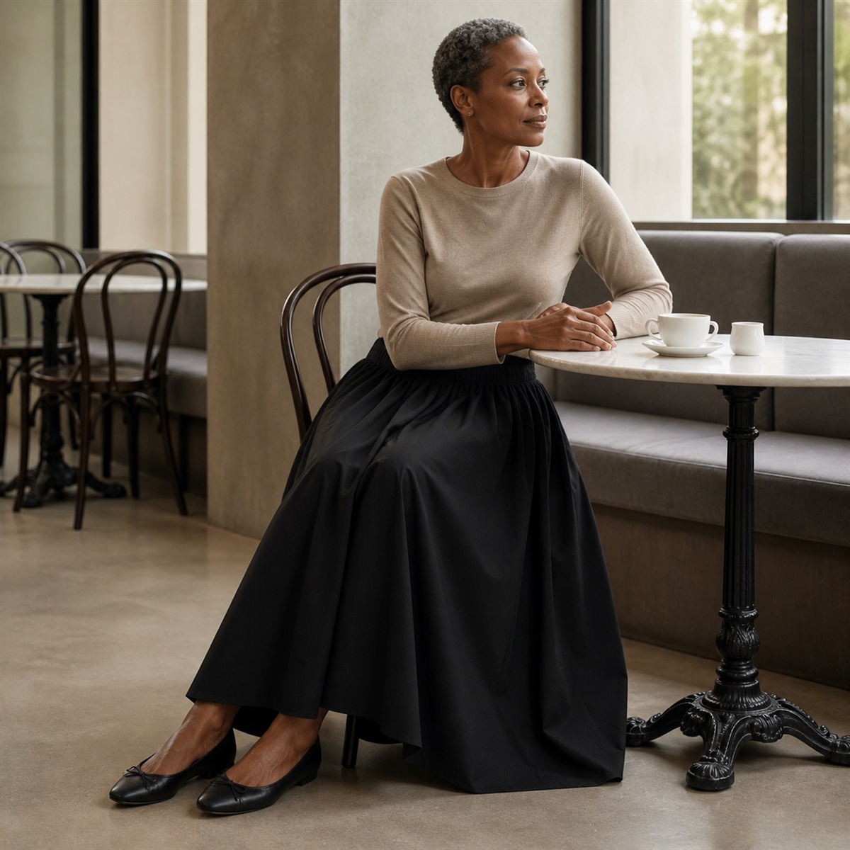 Jupe noire portée dans un café contemporain