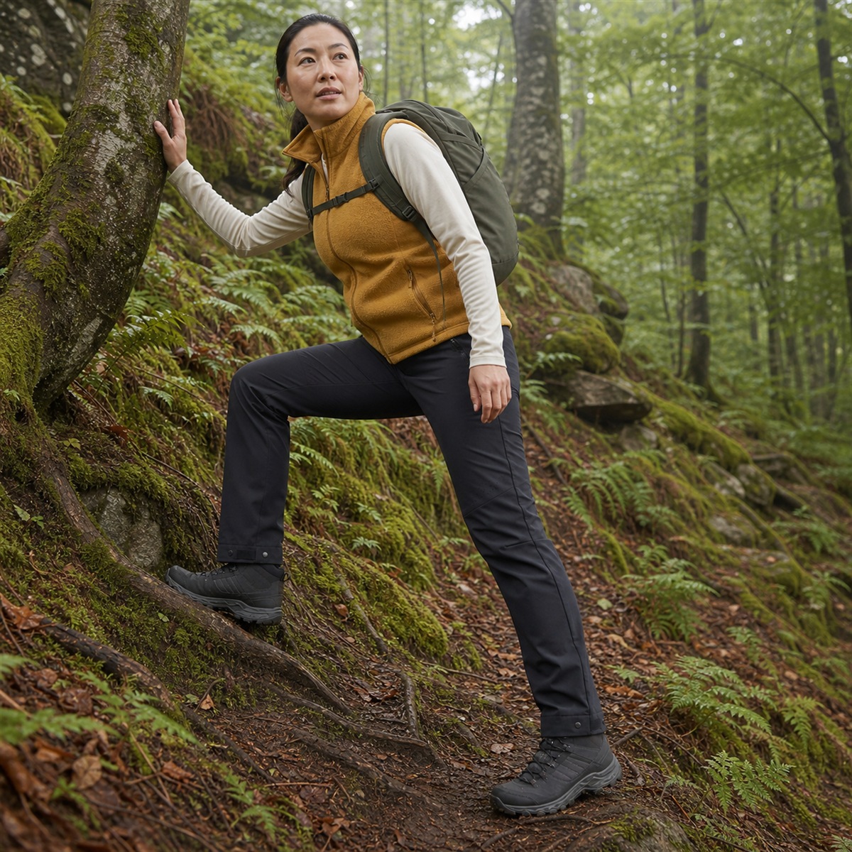 Pantalon noir fumé porté lors d'une randonnée en forêt