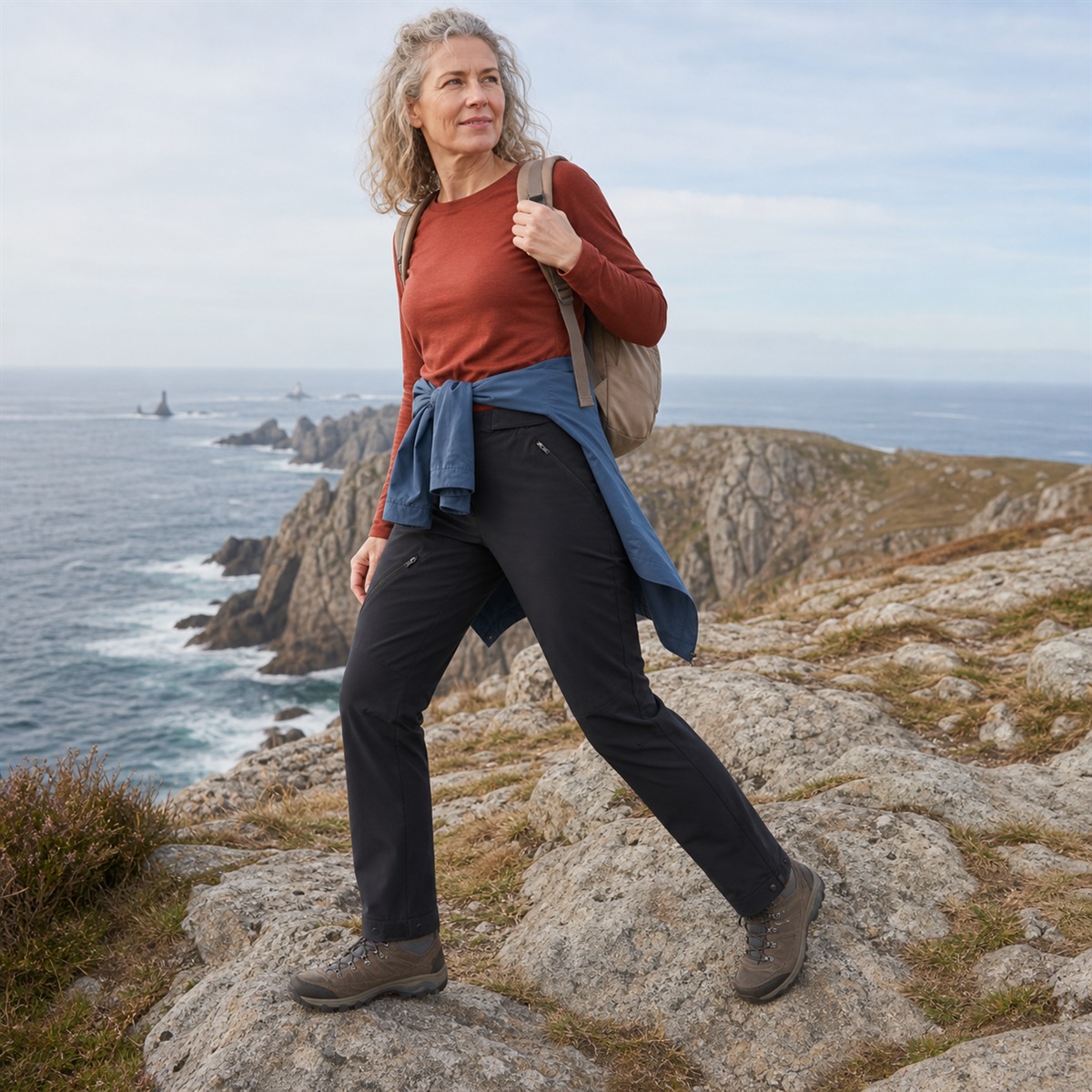 Pantalon de randonnée femme porté sur un chemin rocheux