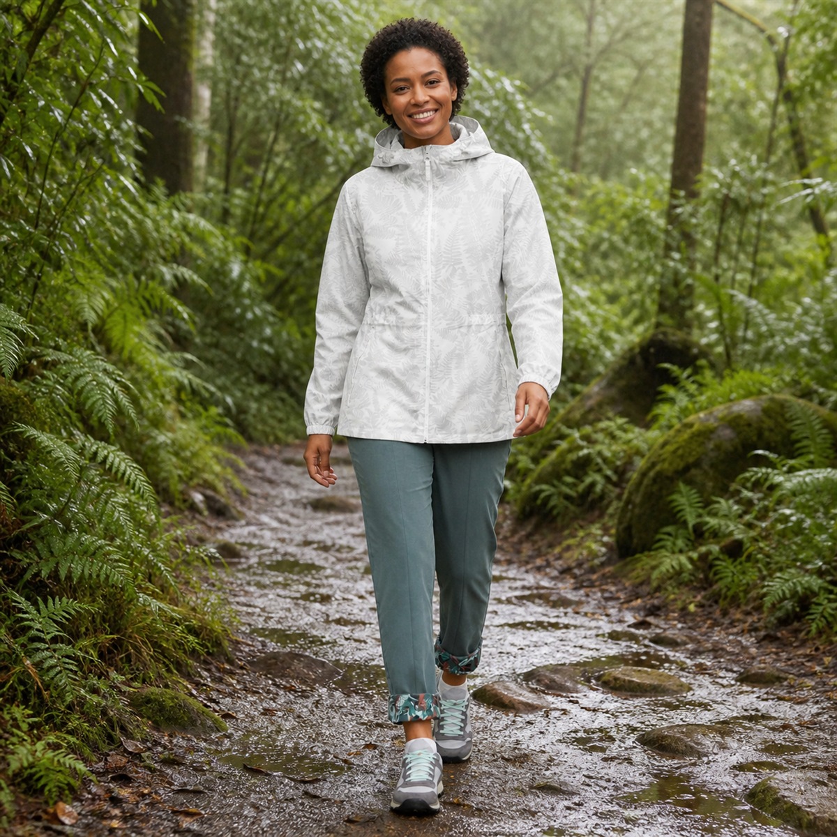 Veste Raincut portée sur un sentier après une pluie légère