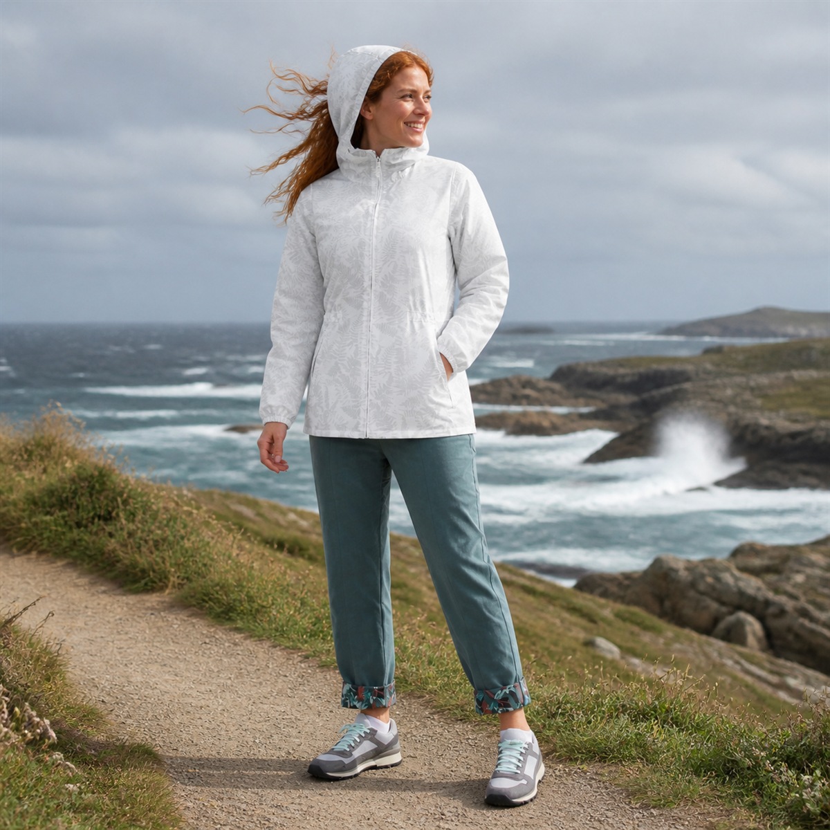 Veste blanche portée pendant une promenade en forêt