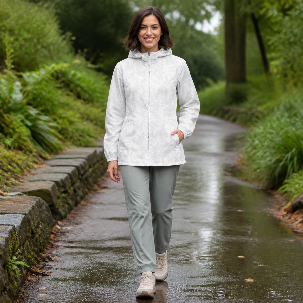 Veste légère à motif fougère portée en silhouette complète