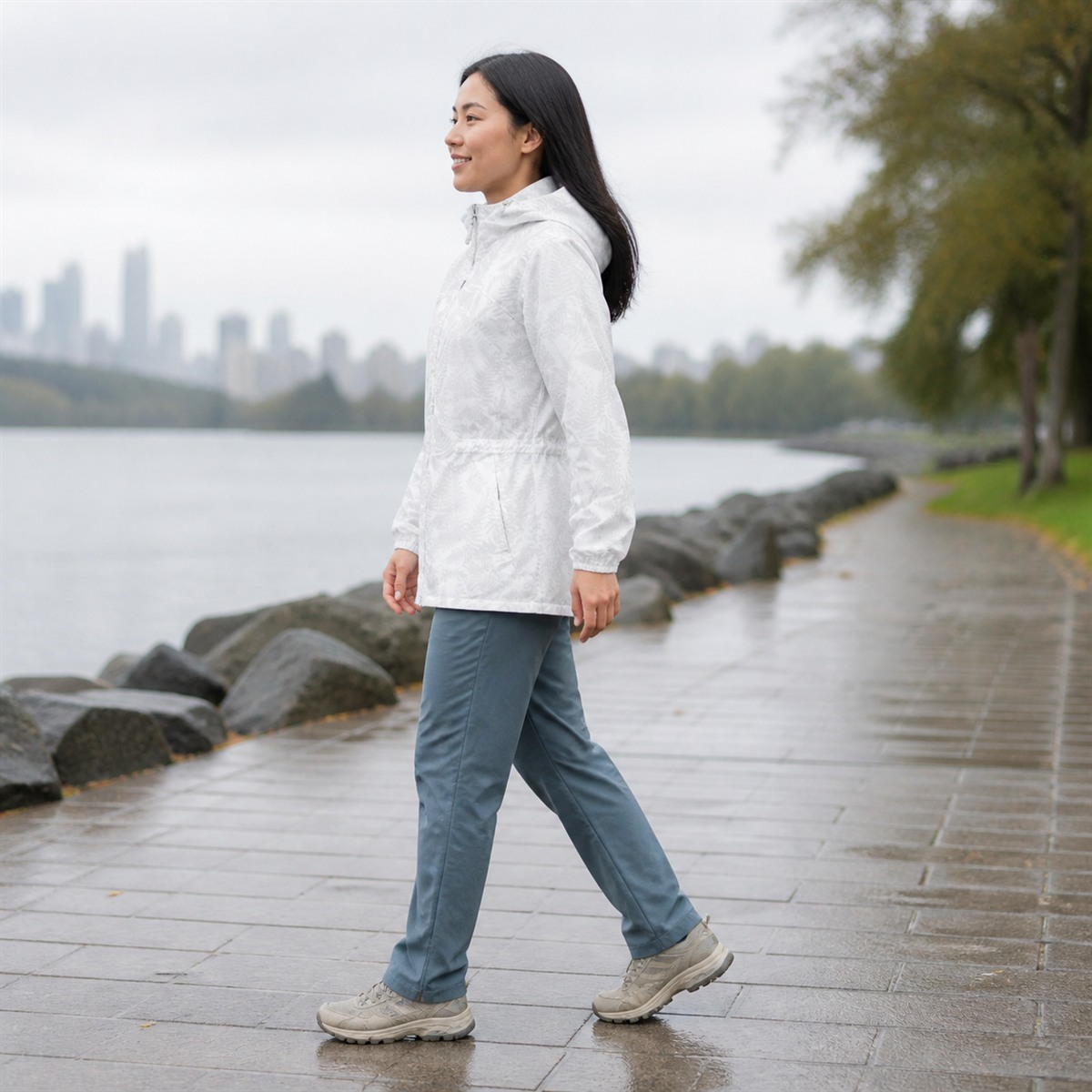 Veste de randonnée blanche portée de profil