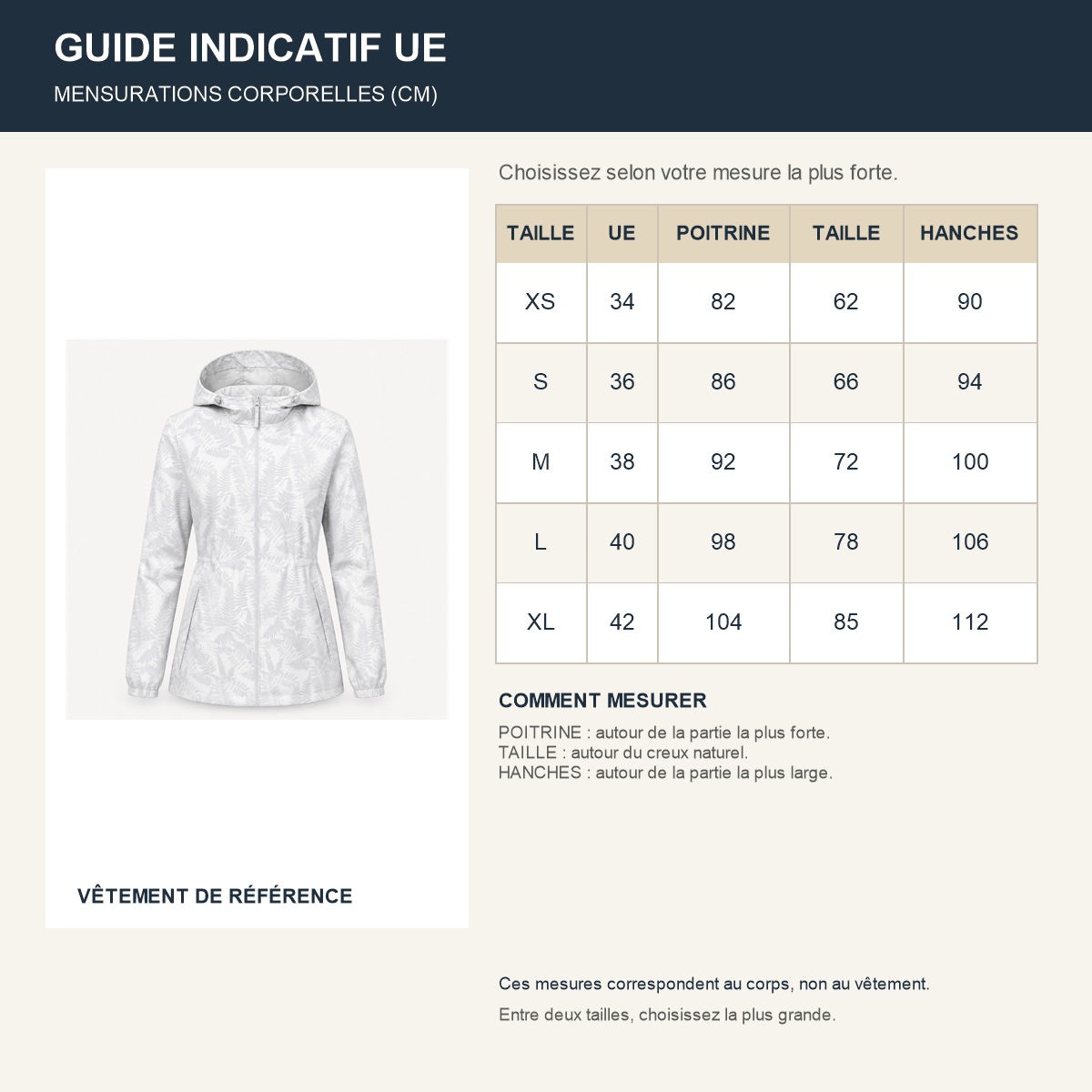 Guide français des tailles de la veste Raincut Full Zip