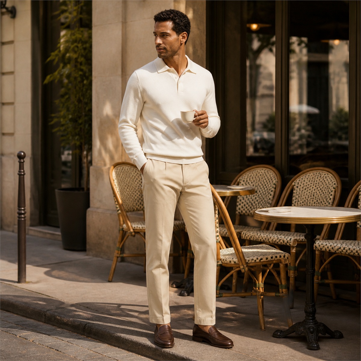 Chino beige porté dans un café urbain