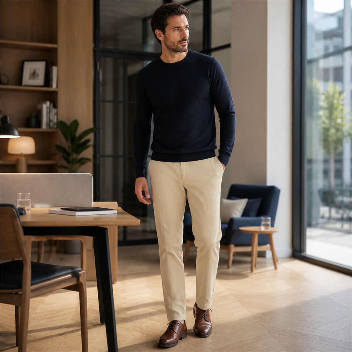 Chino beige porté dans un espace de travail lumineux