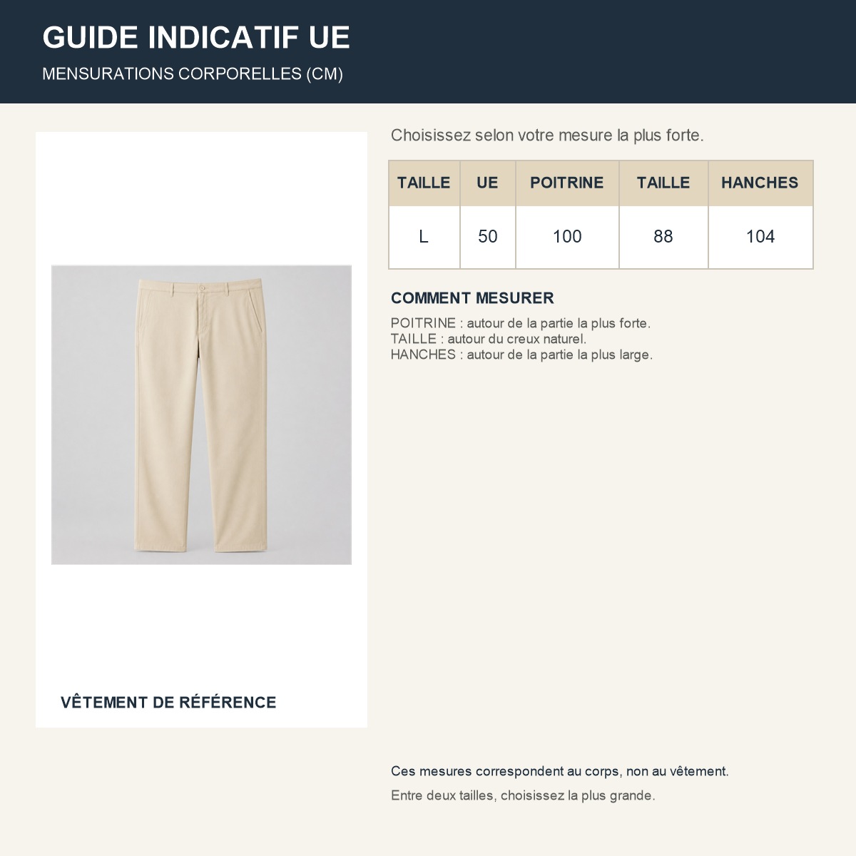 Guide français des tailles européennes et longueurs du chino