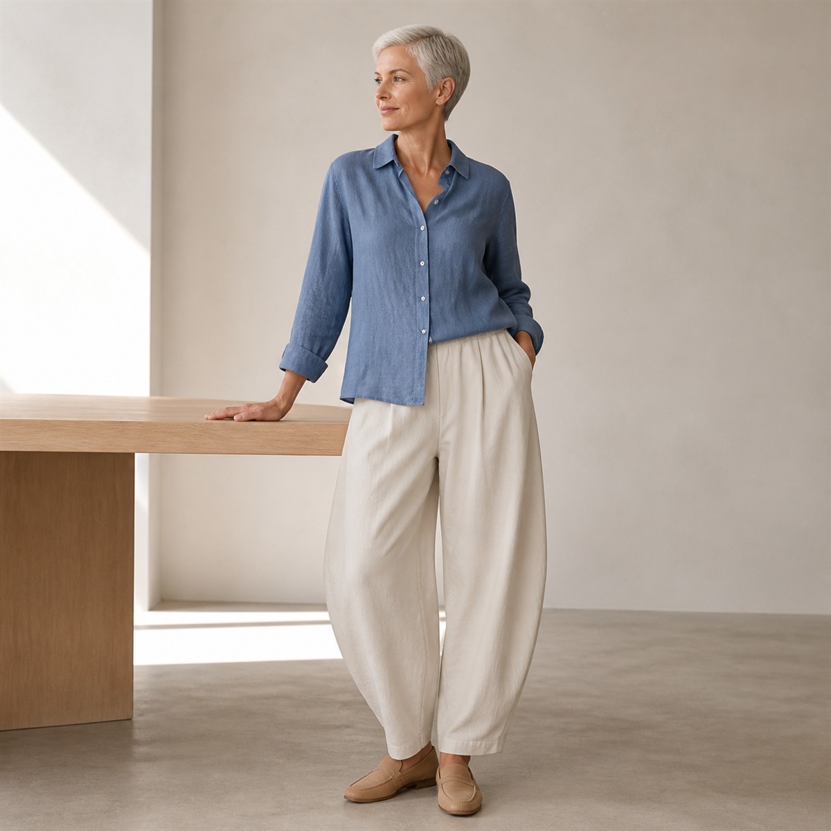 Pantalon Barrel beige porté dans un espace créatif