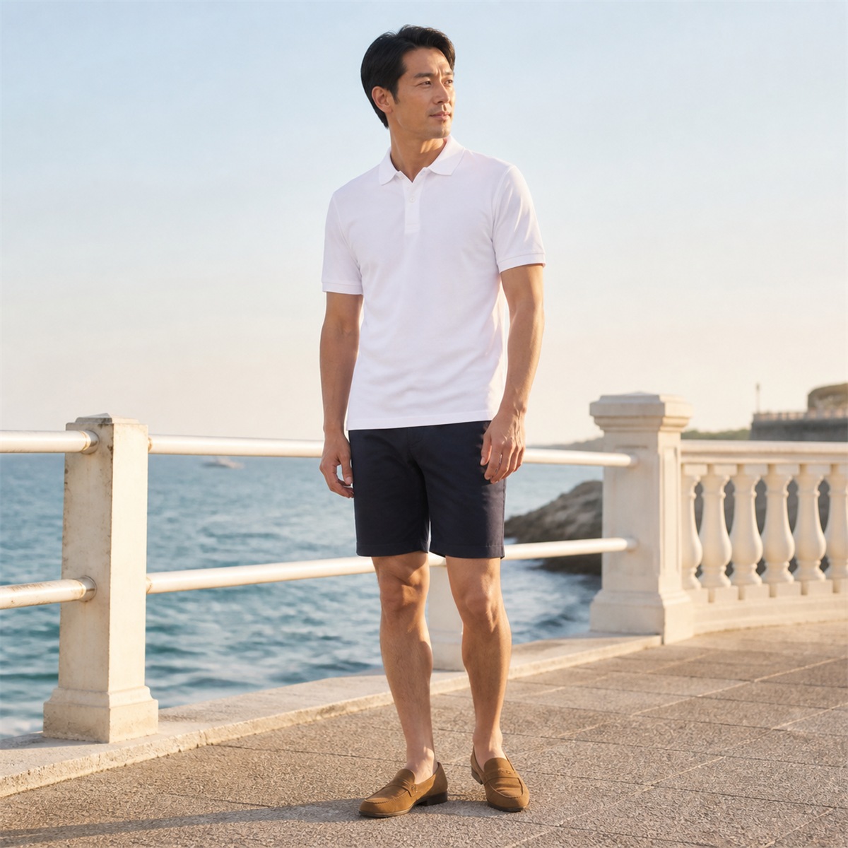 Polo blanc porté sur une promenade côtière