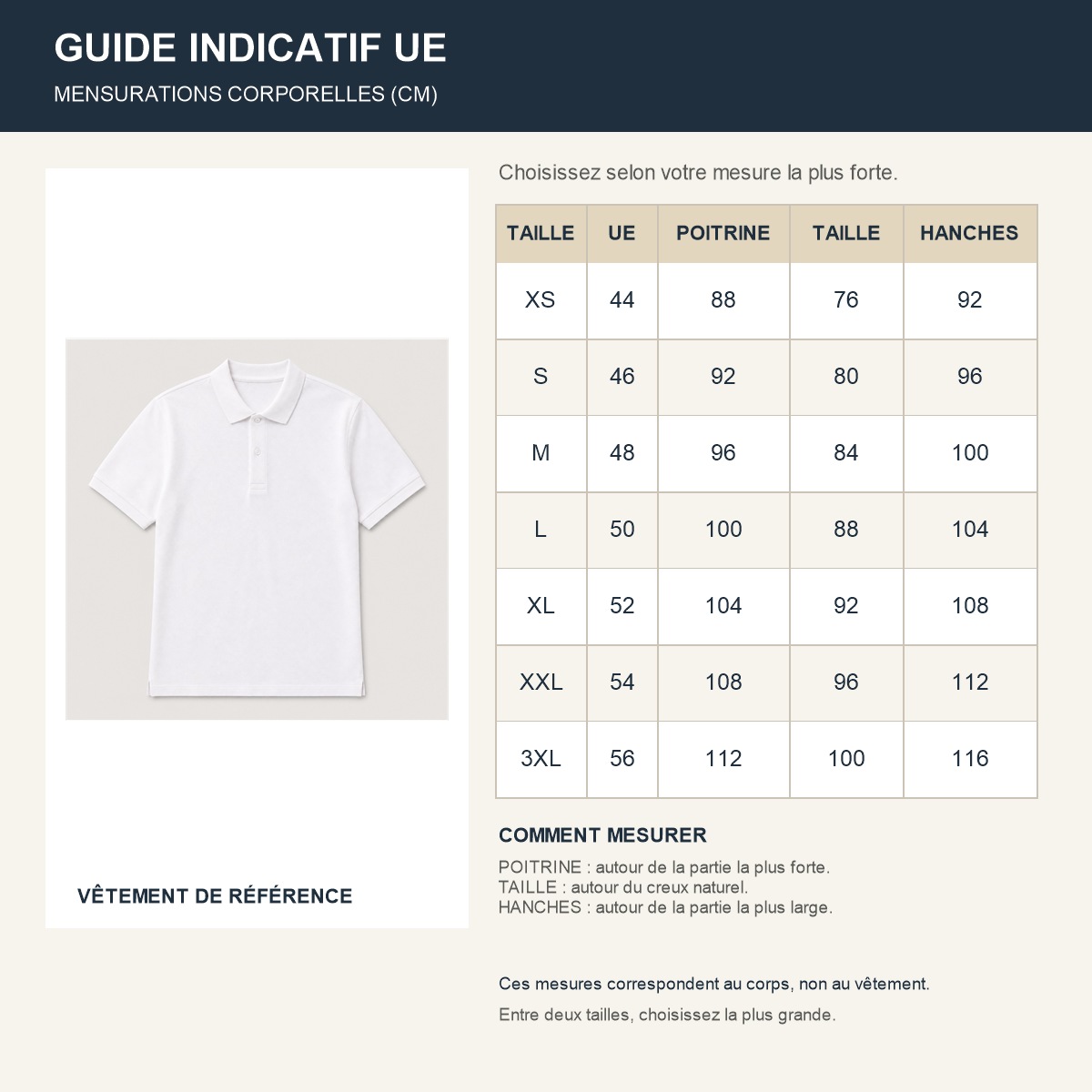 Guide français des tailles européennes du polo