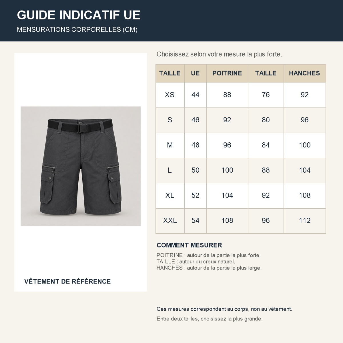 Guide français des tailles européennes du short NH500
